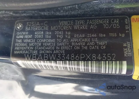 2006 BMW 325Ci from USA, damaged, VIN WBABW33486PX84352